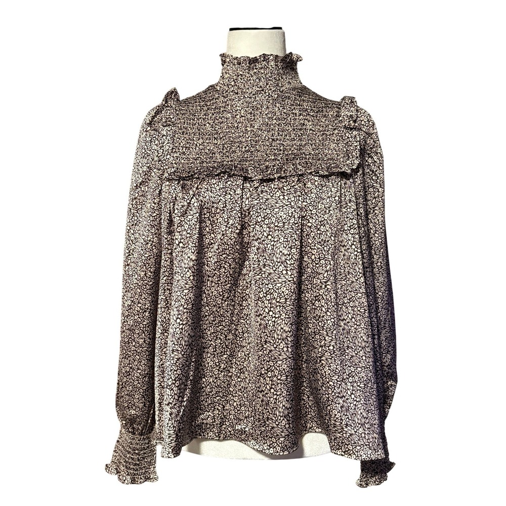 Glamorous Womens Smocked High Neck Leopard Print Ruffle Blouse Black Cream NWT‎